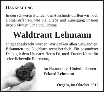 Traueranzeige von Waldtraut Lehmann von Märkische Oderzeitung