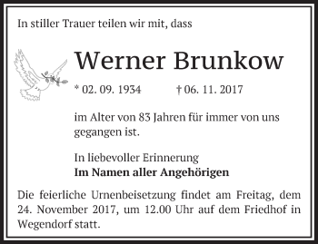 Traueranzeige von Werner Brunkow von Märkische Oderzeitung