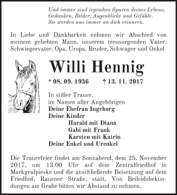 Traueranzeige von Willi Hennig von Märkische Oderzeitung