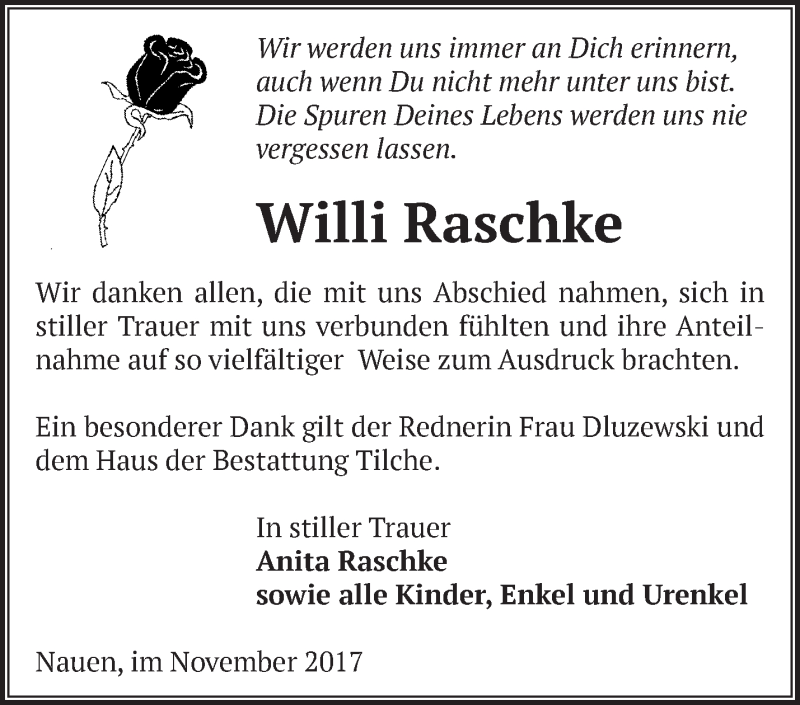  Traueranzeige für Willi Raschke vom 12.11.2017 aus Märkische Oderzeitung