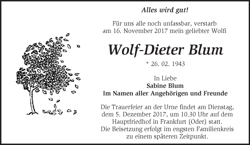  Traueranzeige für Wolf-Dieter Blum vom 21.11.2017 aus Märkische Oderzeitung