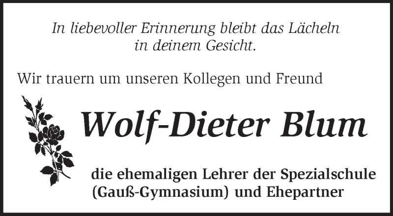  Traueranzeige für Wolf-Dieter Blum vom 25.11.2017 aus Märkische Oderzeitung