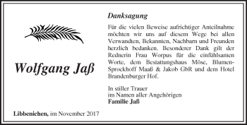 Traueranzeige von Wolfgang Jaß von Märkische Oderzeitung