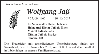 Traueranzeige von Wolfgang Jaß von Märkische Oderzeitung