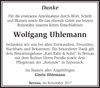 Traueranzeige von Wolfgang Uhlemann von Märkische Oderzeitung