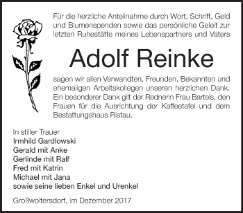 Traueranzeige von Adolf Reinke von Märkische Oderzeitung