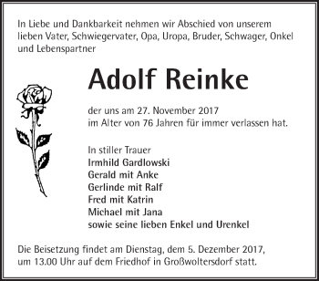 Traueranzeige von Adolf Reinke von Märkische Oderzeitung