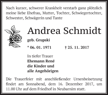 Traueranzeige von Andrea Schmidt von Märkische Oderzeitung