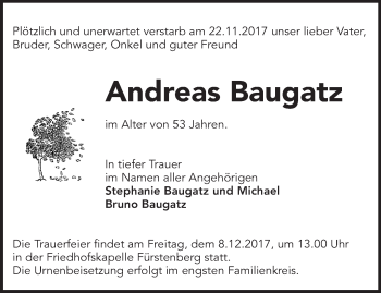 Traueranzeige von Andreas Baugatz von Märkische Oderzeitung