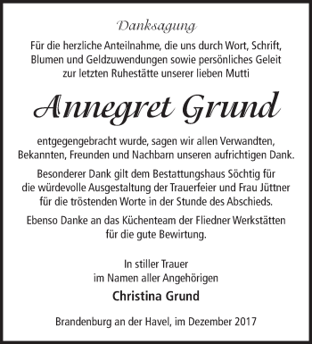 Traueranzeige von Annegret Grund von Märkische Oderzeitung