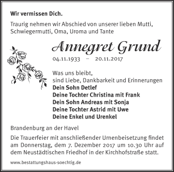 Traueranzeige von Annegret Grund von Märkische Oderzeitung