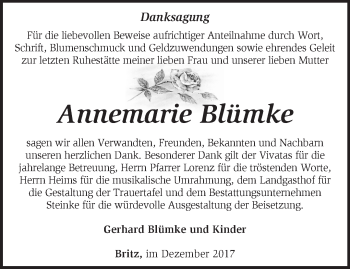 Traueranzeige von Annemarie Blümke von Märkische Oderzeitung