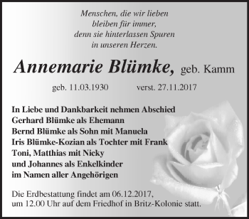 Traueranzeige von Annemarie Blümke von Märkische Oderzeitung