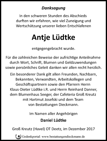 Traueranzeige von Antje Lüdtke von Märkische Oderzeitung