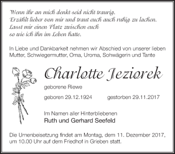 Traueranzeige von Charlotte Jeziorek von Märkische Oderzeitung