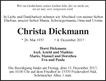 Traueranzeige von Christa Dickmann von Märkische Oderzeitung