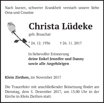 Traueranzeige von Christa Lüdeke von Märkische Oderzeitung