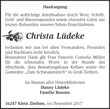 Traueranzeige von Christa Lüdeke von Märkische Oderzeitung