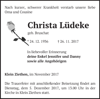 Traueranzeige von Christa Lüdeke von Märkische Oderzeitung