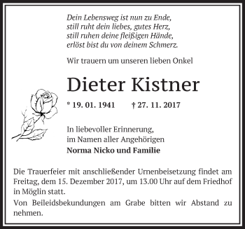 Traueranzeige von Dieter Kistner von Märkische Oderzeitung