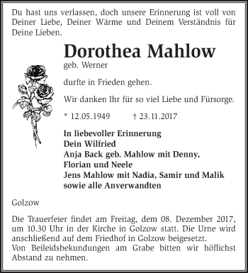 Traueranzeige von Dorothea Mahlow von Märkische Oderzeitung