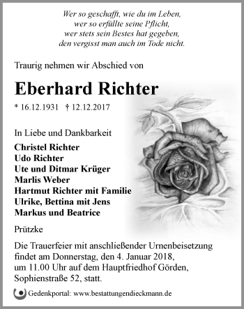 Traueranzeige von Eberhard Richter von Märkische Oderzeitung