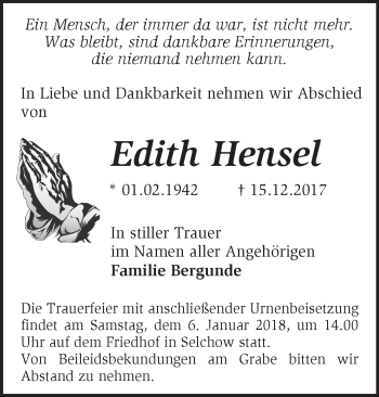 Traueranzeige von Edith Hensel von Märkische Oderzeitung