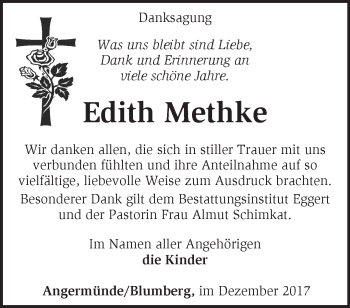 Traueranzeige von Edith Methke von Märkische Oderzeitung