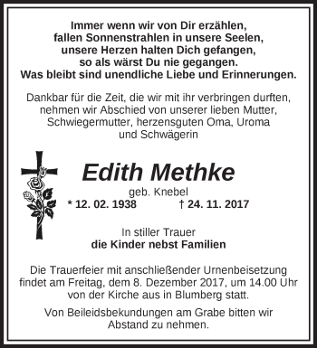 Traueranzeige von Edith Methke von Märkische Oderzeitung