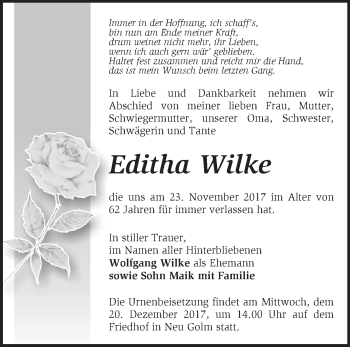 Traueranzeige von Editha Wilke von Märkische Oderzeitung