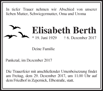 Traueranzeige von Elisabeth Berth von Märkische Oderzeitung