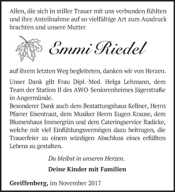 Traueranzeige von Emmi Riedel von Märkische Oderzeitung