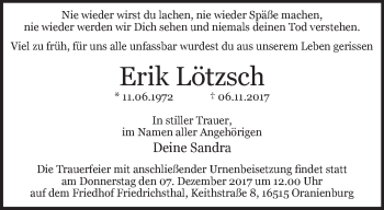 Traueranzeige von Erik Lötzsch von Märkische Oderzeitung