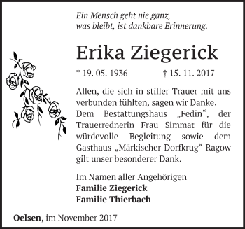 Traueranzeige von Erika Ziegerick von Märkische Oderzeitung