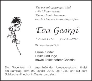 Traueranzeige von Eva Georgi von Märkische Oderzeitung