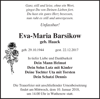 Traueranzeige von Eva-Maria Barsikow von Märkische Oderzeitung