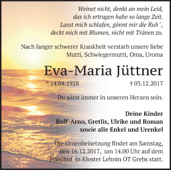 Traueranzeige von Eva-Maria Jüttner von Märkische Oderzeitung