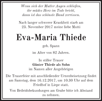 Traueranzeige von Eva-Maria Thiede von Märkische Oderzeitung