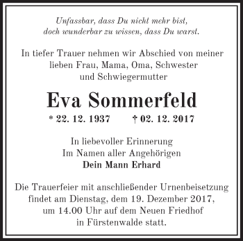 Traueranzeige von Eva Sommerfeld von Märkische Oderzeitung