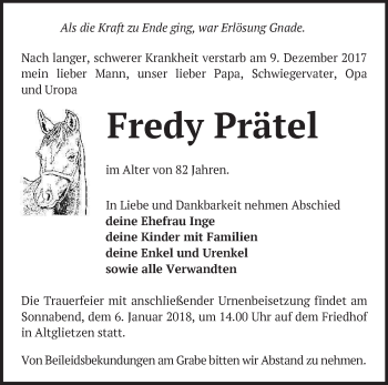 Traueranzeige von Fredy Prätel von Märkische Oderzeitung