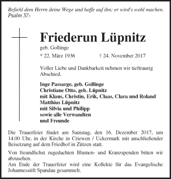 Traueranzeige von Friederun Lüpnitz von Märkische Oderzeitung