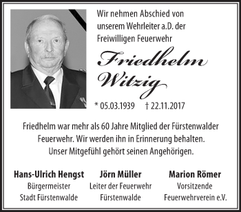 Traueranzeige von Friedhelm Witzig von Märkische Oderzeitung