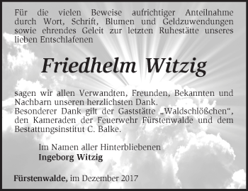 Traueranzeige von Friedhelm Witzig von Märkische Oderzeitung