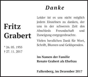 Traueranzeige von Fritz Grabert von Märkische Oderzeitung