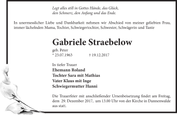 Traueranzeige von Gabriele Straebelow von Märkische Oderzeitung