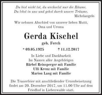 Traueranzeige von Gerda Kischel von Märkische Oderzeitung