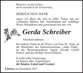 Traueranzeige von Gerda Schreiber von Märkische Oderzeitung