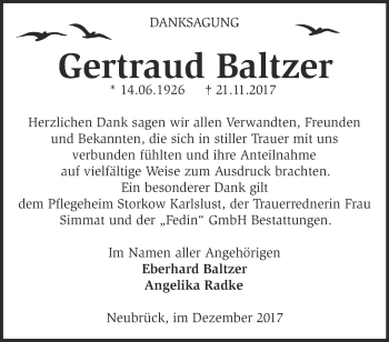 Traueranzeige von Gertraud Baltzer von Märkische Oderzeitung