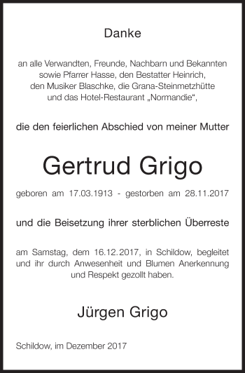 Traueranzeige von Gertrud Grigo von Märkische Oderzeitung