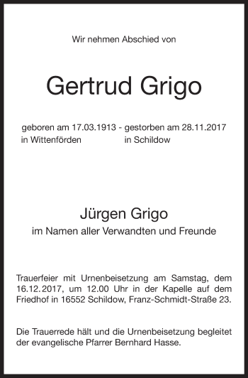 Traueranzeige von Gertrud Grigo von Märkische Oderzeitung